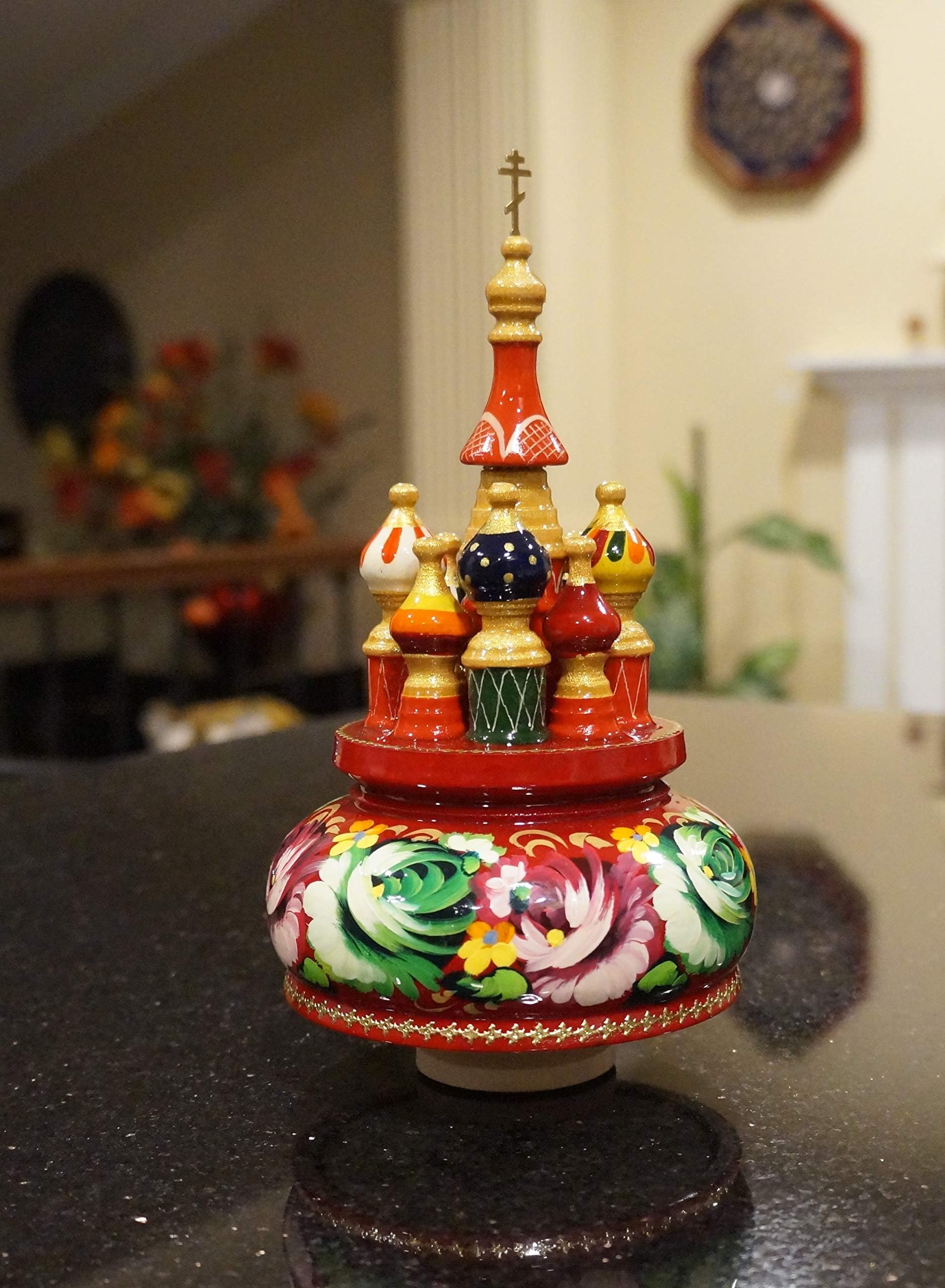Russian Music Box Zhostovo Style" St. Bazil Cathedral" 8" Tall
