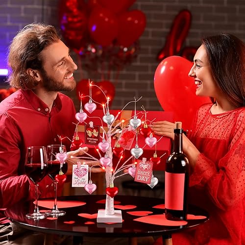 Miniatura 7 de 2 piezas de árbol de mesa de flores de bayas artificiales iluminadas de San Valentín de 21 pulgadas de alto, árbol de mesa brillante para decoración