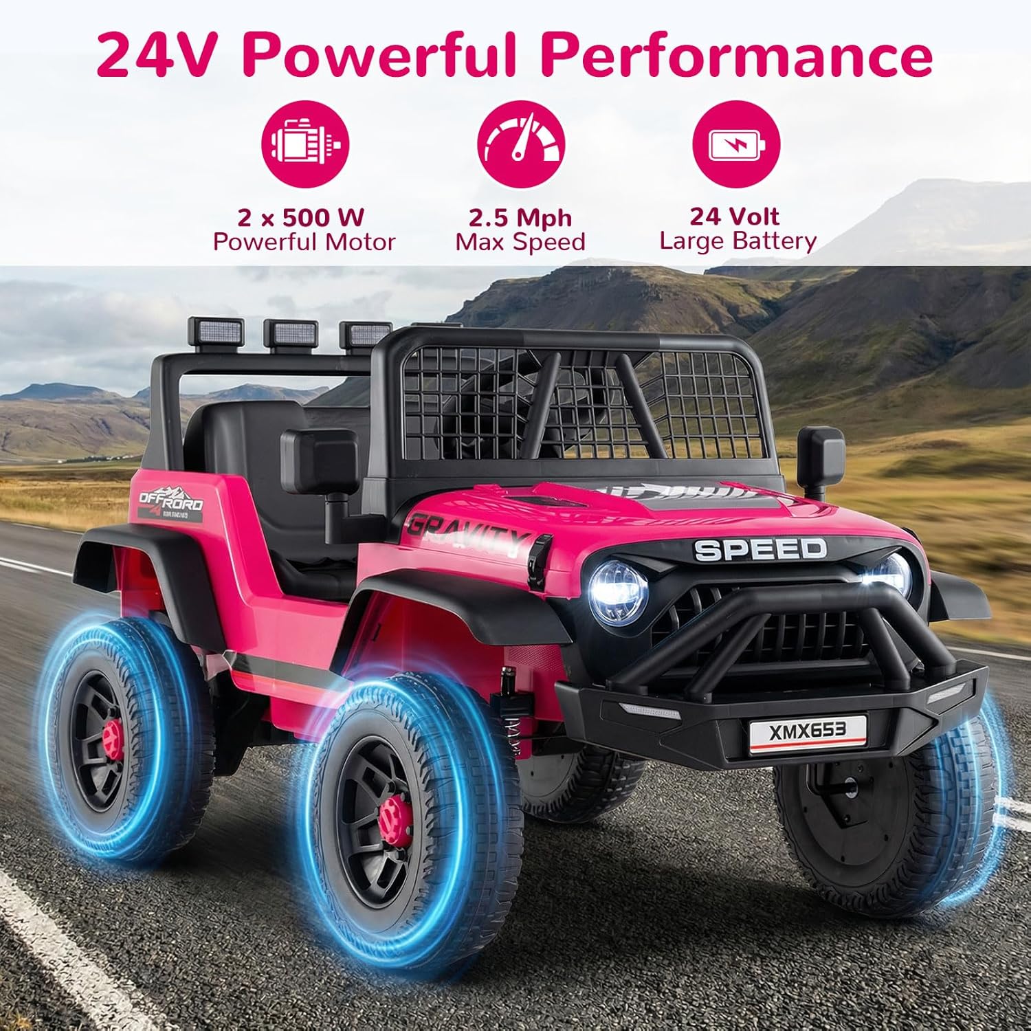 OLAKIDS 24V Ride on Car with Remote Control, Bluetooth, LED Lights, Horn, Spring Suspension, High/Low Speeds, Soft Start for Kids Aged 3+ (Pink)