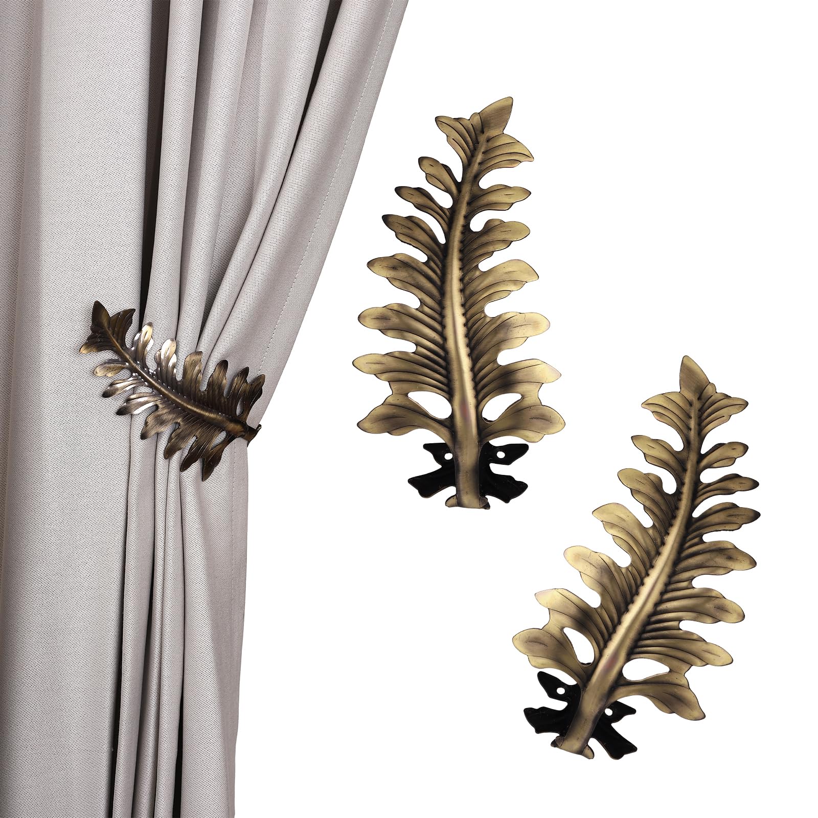 SUQIOME 1 Pair European Big Leaf Metal Curtain Holdback Curtain Tiebacks Holdbacks Decorative Wall Hooks Hanger for Drapes Linen Holder Window Treatment Hardware (Bronze)