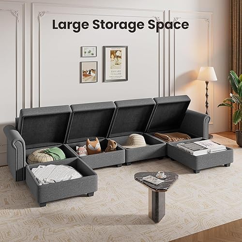 Miniatura 5 de Modern 9-Seater Modular Sectional Sofa Couch, U Shaped Convertible Sofa Bed with Storage, Armless Linen Fabric L Shaped Cloud Couch for Living Room,