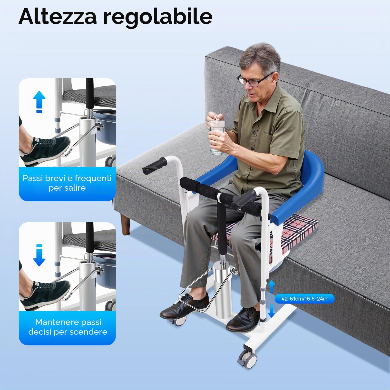 Sedia Sollevamento Idraulica per Trasferimento Pazienti, Stretta 51cm, Portata 90kg, con Ruote e Vasino, Sollevamento manuale 42 – 61 cm, per Anziani e Assistenza Domiciliare