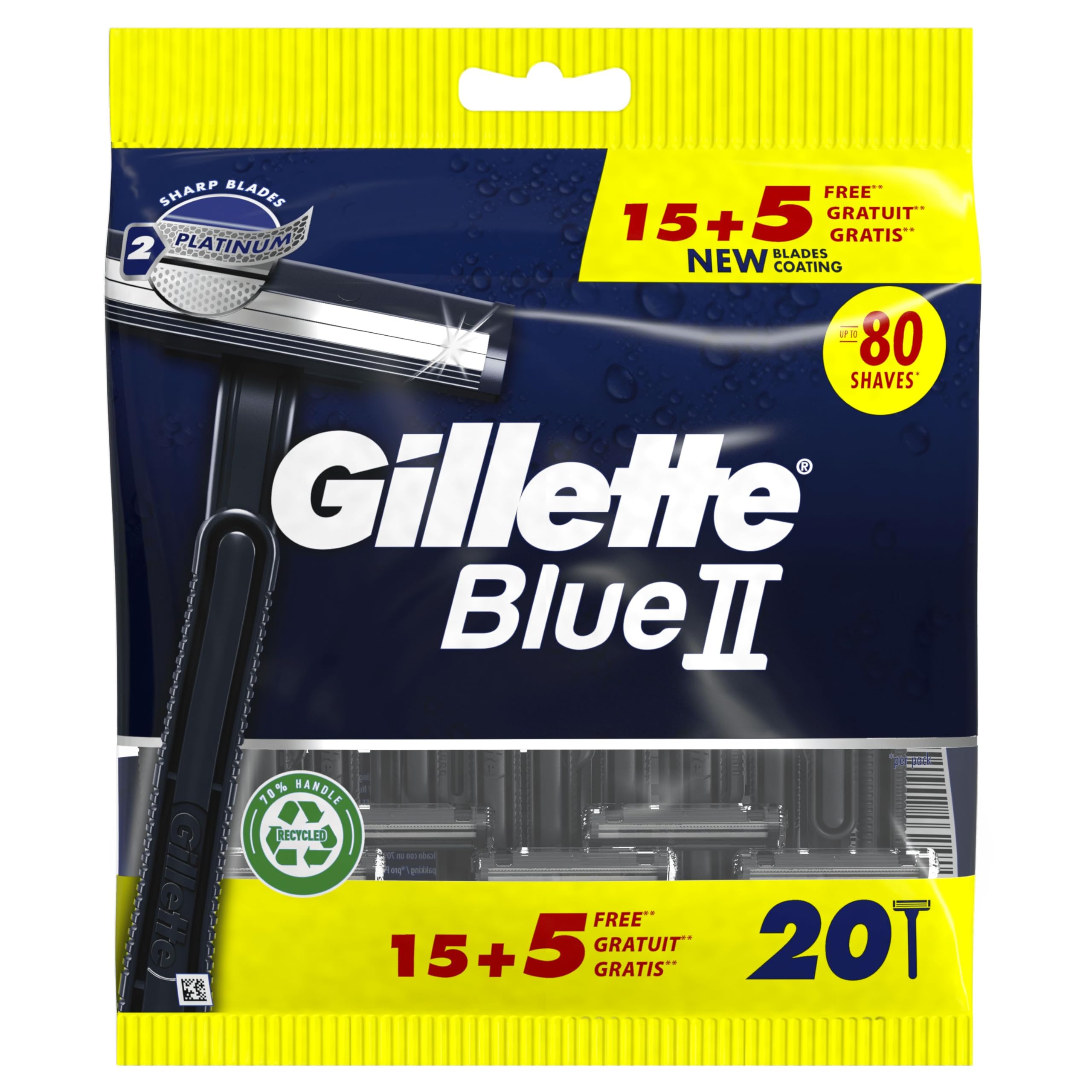 Gillette Blue II Maquinillas de Afeitar Desechables Hombre, Paquete de 20 Cuchillas de Afeitar (15+5)