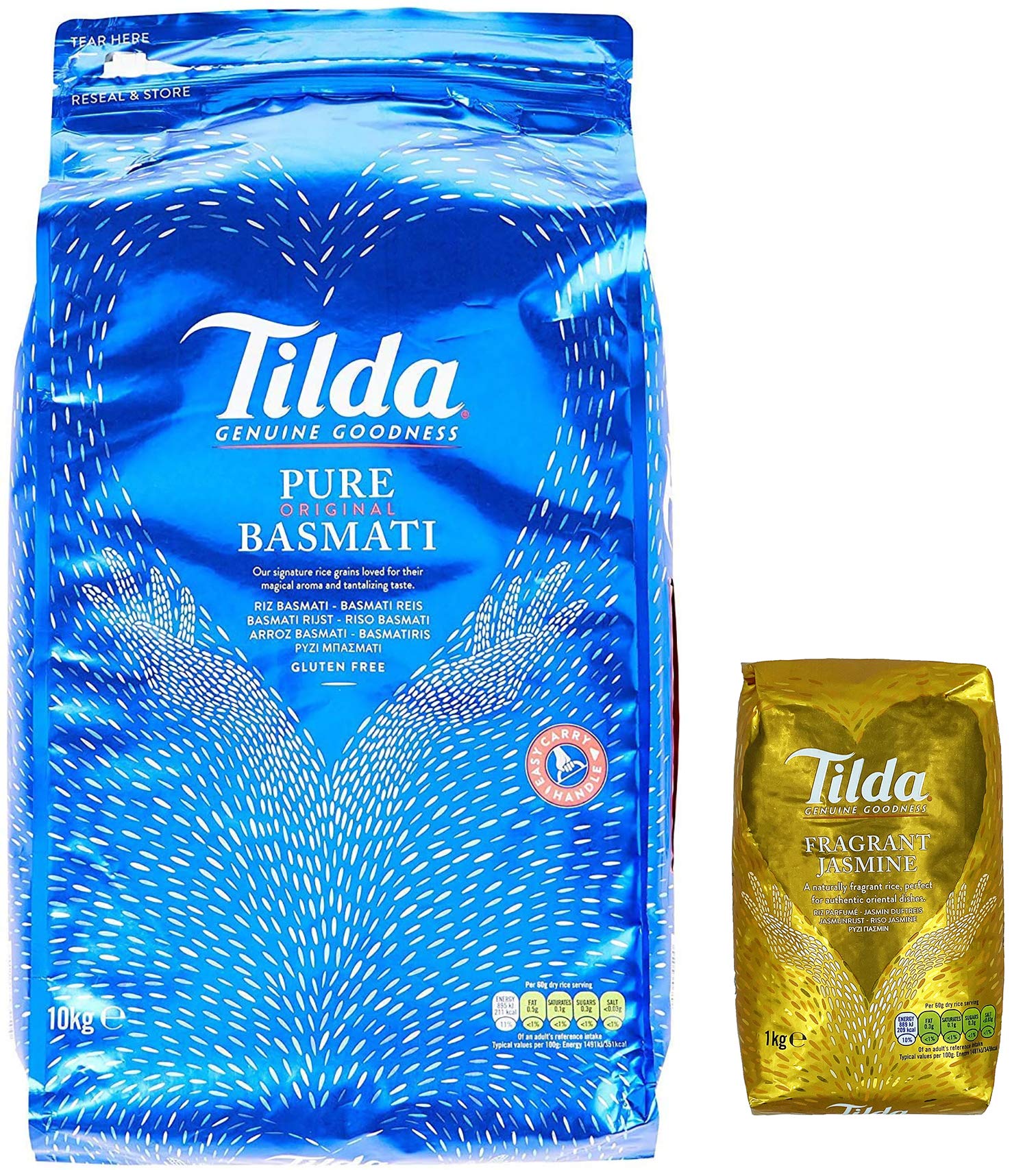 Dúo descubrimiento Arroz TILDA: Arroz Basmati Long Pure Original 10 kg + arroz fragante con jazmín 1 kg – Sin gluten