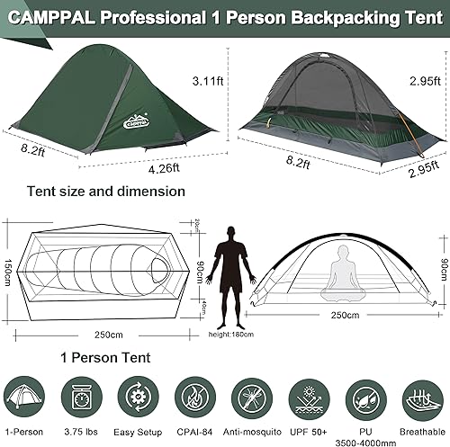 Miniatura 5 de camppal tienda para acampar para 1 3 4 personas, para senderismo, montaña, caza. Tiendas de mochila para las 4 estaciones, resistencia a viento,