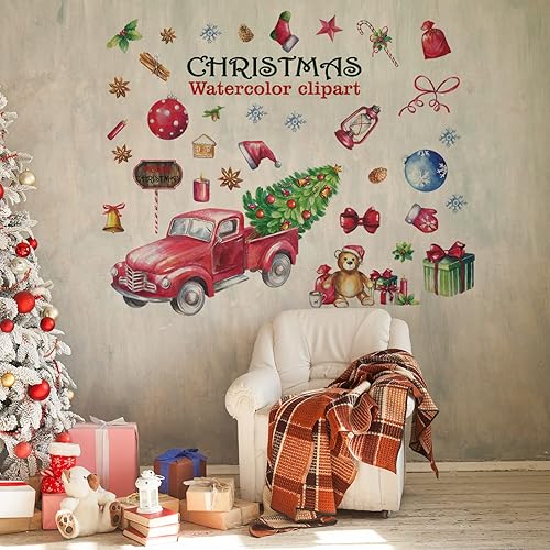 Miniatura 7 de 33 calcomanías de pared de feliz Navidad calcomanías de pared de camión rojo de granja con árboles de Navidad calcomanías de pared para niños sala