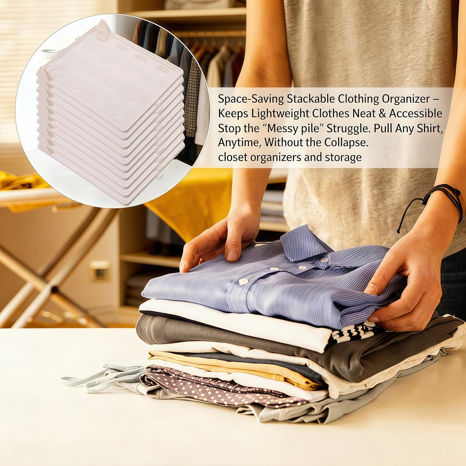 Space-Saving Stackable Clothing Organizer – Keeps Lightweight Clothes Neat & Accessible, Stackable Closet Organizer for Shirts/Jeans/Pants with Breathable Design for Wrinkle-Free Clothes (W*10PCS)