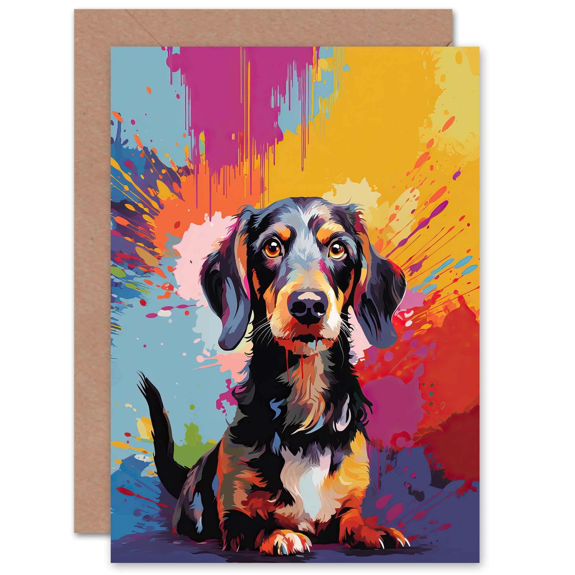 Artery8 Wirehaired Dachshund Dog Lover Gift Pet Portrait Colourful Artwork Painting Sealed Greeting Card Plus Envelope Blank inside