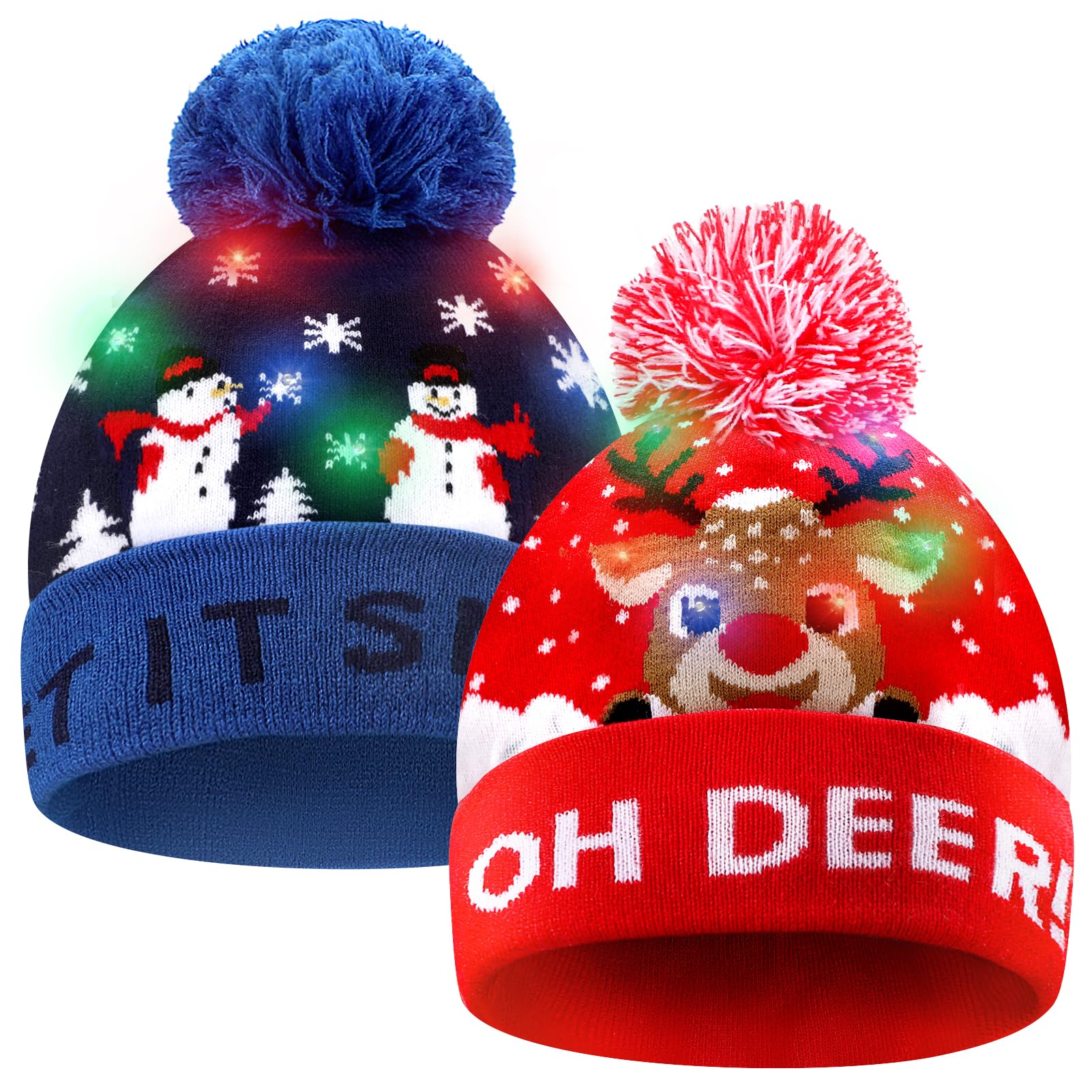 Sombrero de Navidad de punto LED, 2 piezas de gorro de Navidad Gorro de invierno, nieve, vacaciones, para niños, hombres, mujeres, niños, niñas, festival de Navidad, fiesta de cumpleaños