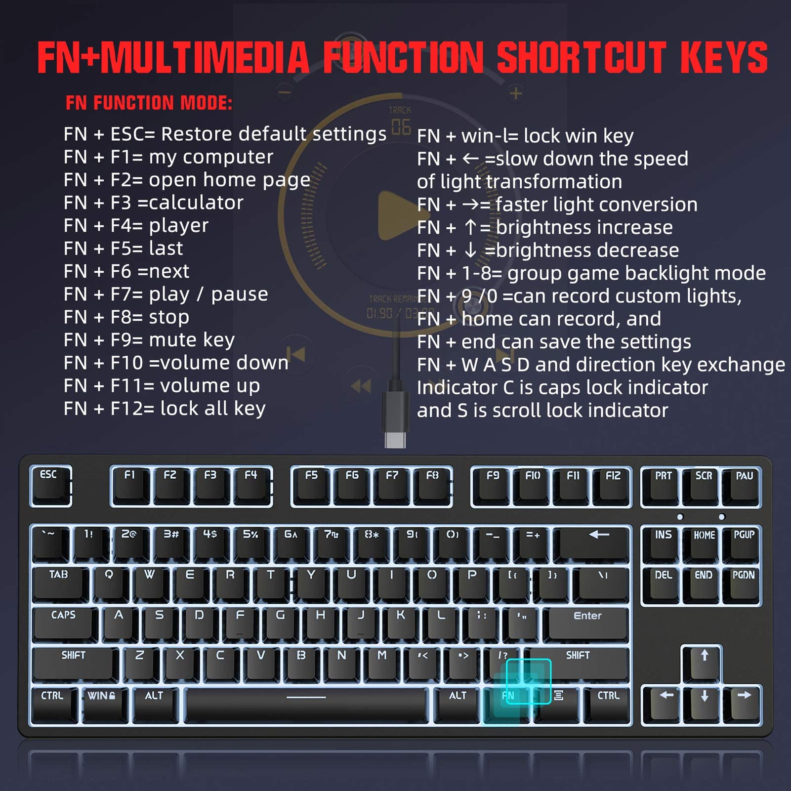 Mechaniczna Klawiatura do Gier Stylowa, Ergonomiczna 87 Klawiszy Klawiatura Sublimacyjna do Biura Gier, materiał ABS (BLACK)
