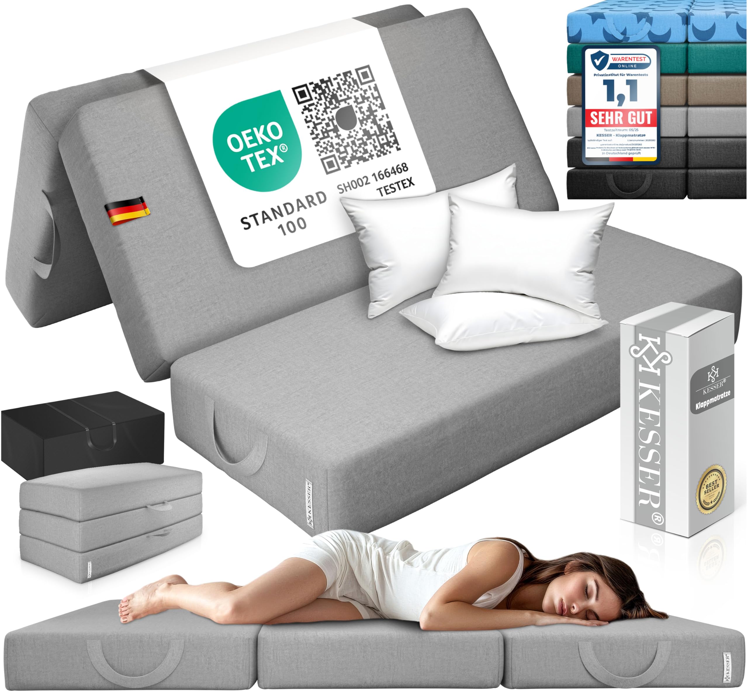 KESSER® Klappmatratze 140 x 195 x 15 cm Gästematratze 3-Fach faltbar zum Sitzhocker Faltmatratze Schaumstoff 25kg/m³ extra dick 15cm atmungsaktiv waschbar Abnehmbarer Bezug inkl. Camping Tragetasche