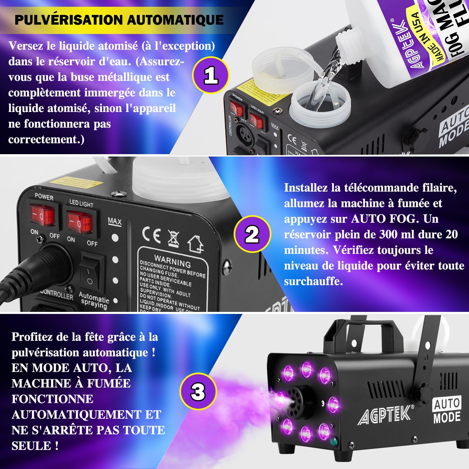 AGPTEK Machine à fumée télécommande avec 13 lumières LED colorées, puissance de 2000CFM avec 2 télécommandes sans fil, parfait pour mariage, Halloween et spectacles