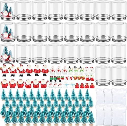 Queekay Paquete de 26 globos de nieve transparentes, incluye frascos de plástico, recipientes de resina, Navidad, Papá Noel, muñeco de nieve,