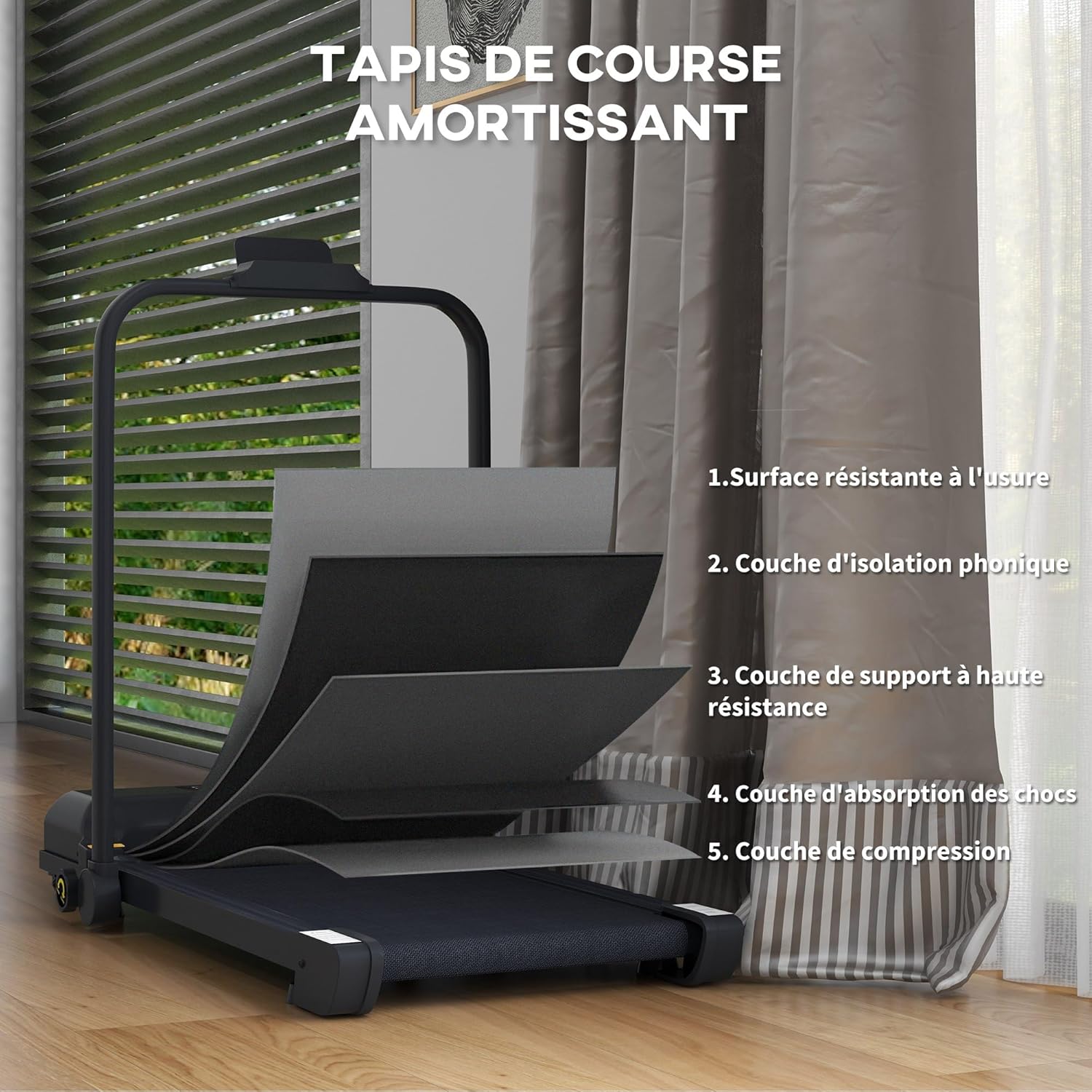 Diagram illustrating the five layers of the treadmill's shock-absorbing system: wear-resistant surface, sound insulation layer, high-resistance support layer, shock absorption layer, and compression layer.