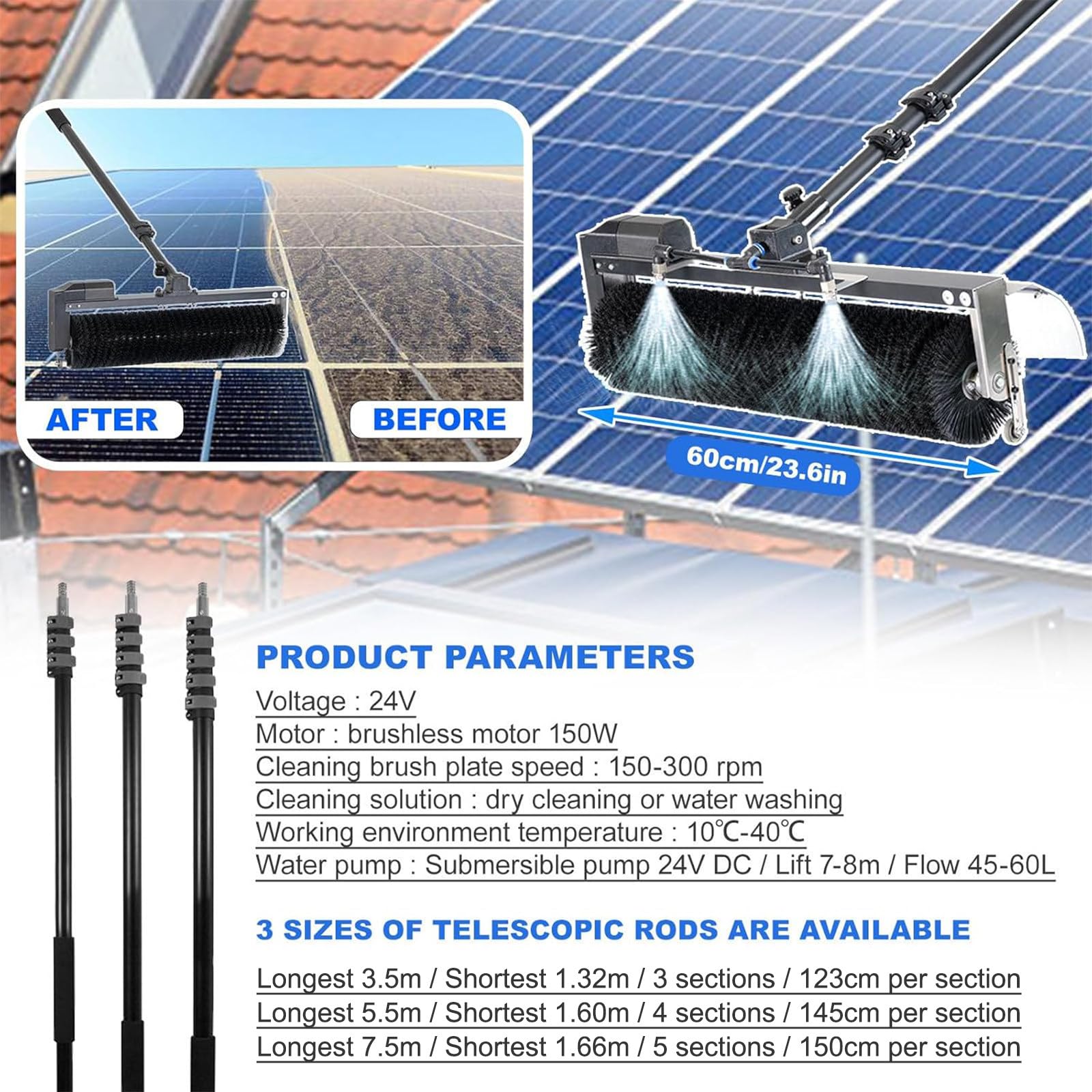 Cepillo y Poste Extra Largos para Limpieza de Paneles Solares, máquina eléctrica de Limpieza Fotovoltaica, Kit de Poste con Alimentación de Agua, Cepillo para Limpieza de Ventanas,7.5m/25ft