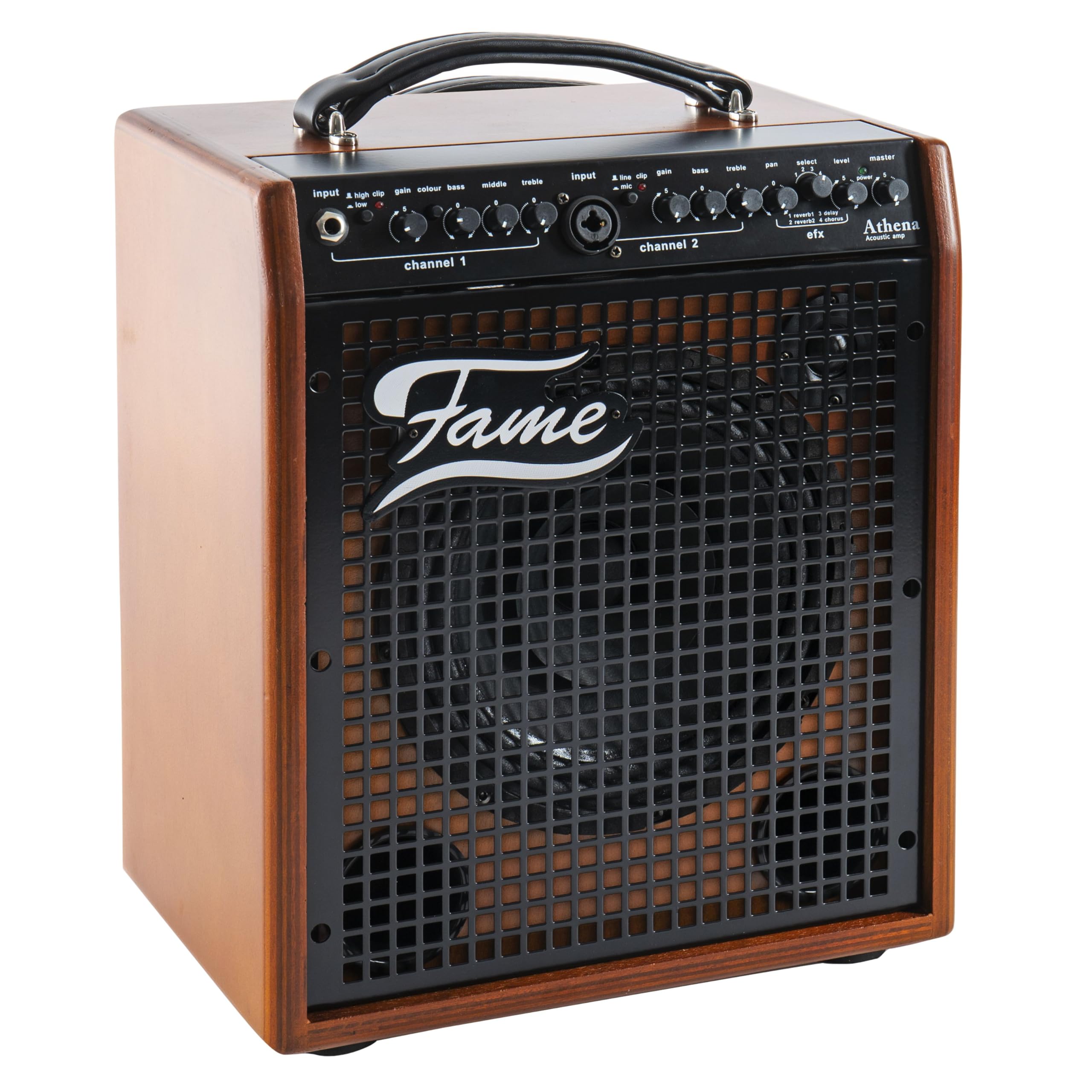 Fame Athena 50W Akustikgitarren-Verstärker, 2-Kanal Combo, Integrierte Effekte, 8" Lautsprecher, Reverb, Aux-Eingang, Recording-Ausgang, Geeignet für Gesang