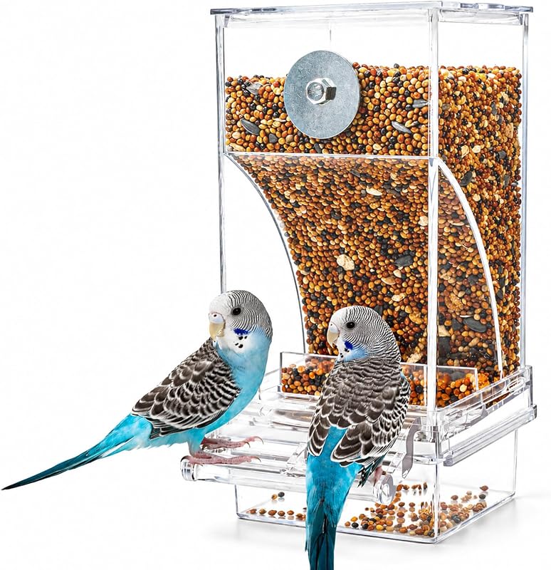 No-Mess Automatic Bird Feeder, Parakeet Cage Accessories | Transparent Acrylic Food Level Check, Helps Reduce Seed Scatter, for Small Birds Cockatiel Parrot Canary