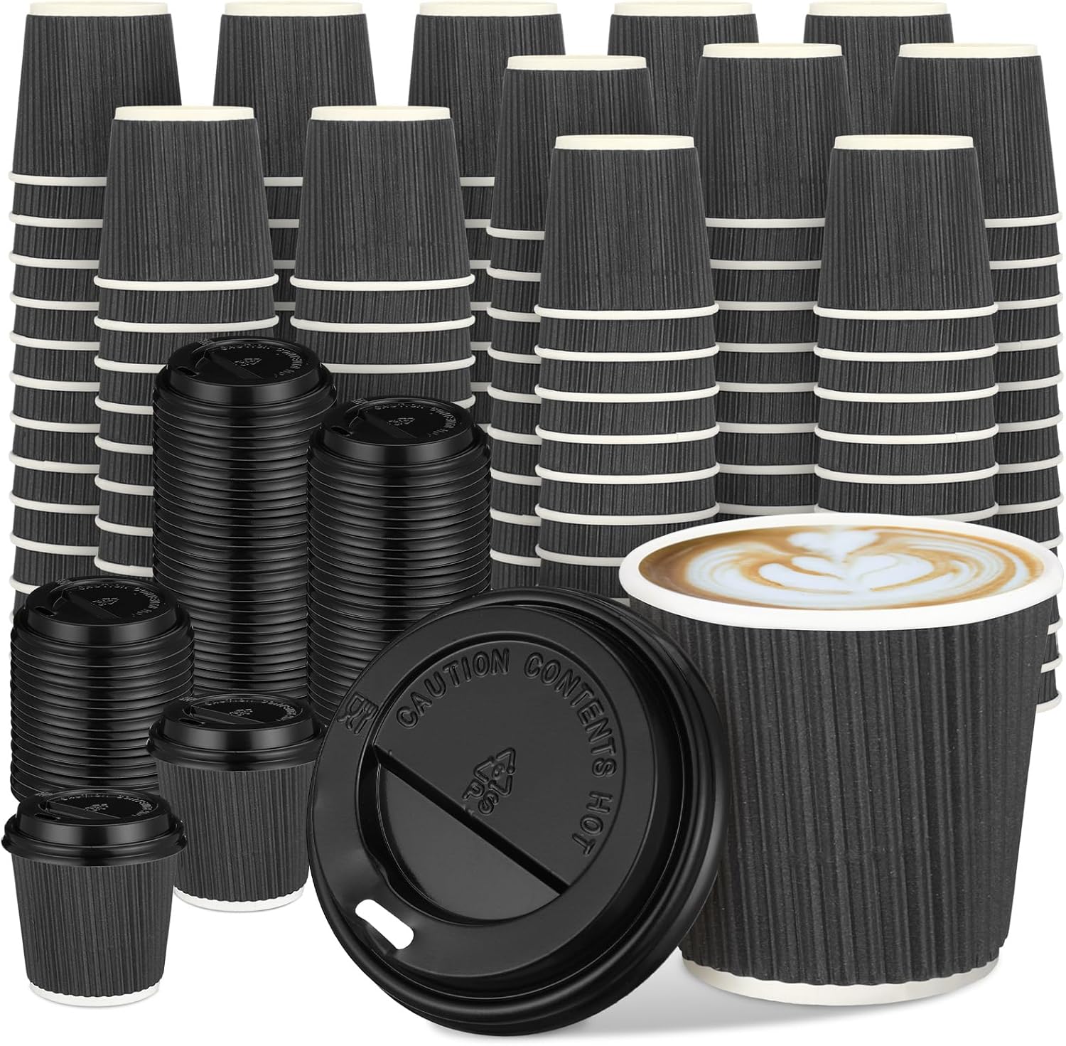 Uiifan 100 Set 4oz Disposable Espresso Cups with Lids Ripple Corrugated Paper Disposable Coffee Insulated Hot Ripple Cups for hot Chocolate, Tea, and Cocoa Drinks(Gray)