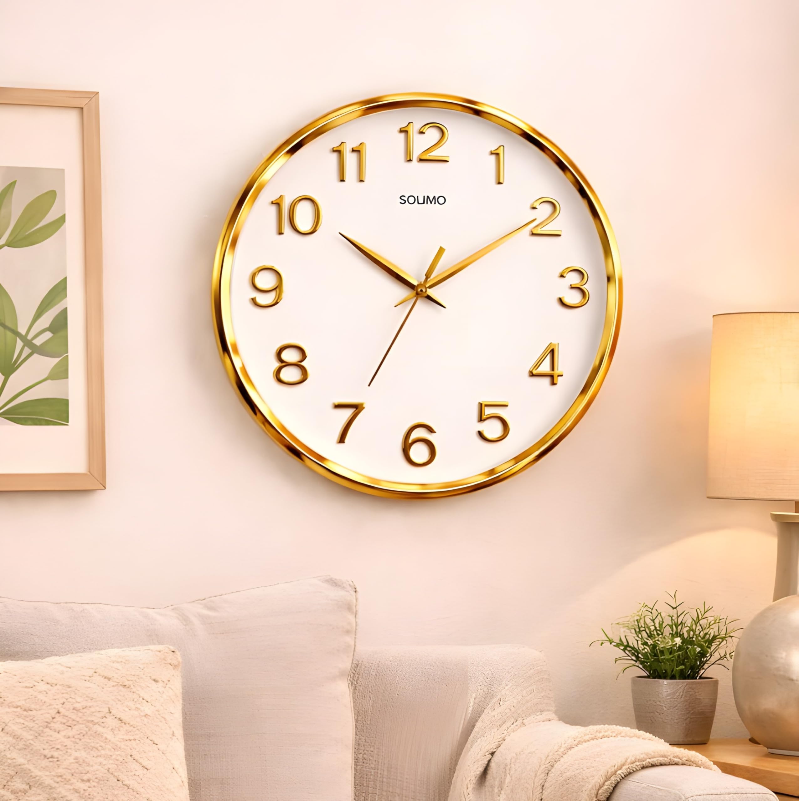 Amazon Brand - Solimo 12 Inches Silent Wall Clock for Living Room Bedroom Office Plastic Easy to Read 3D Numbers Modern Stylish Sweep Movement Wall Clock for Home 1603DX (Golden)
