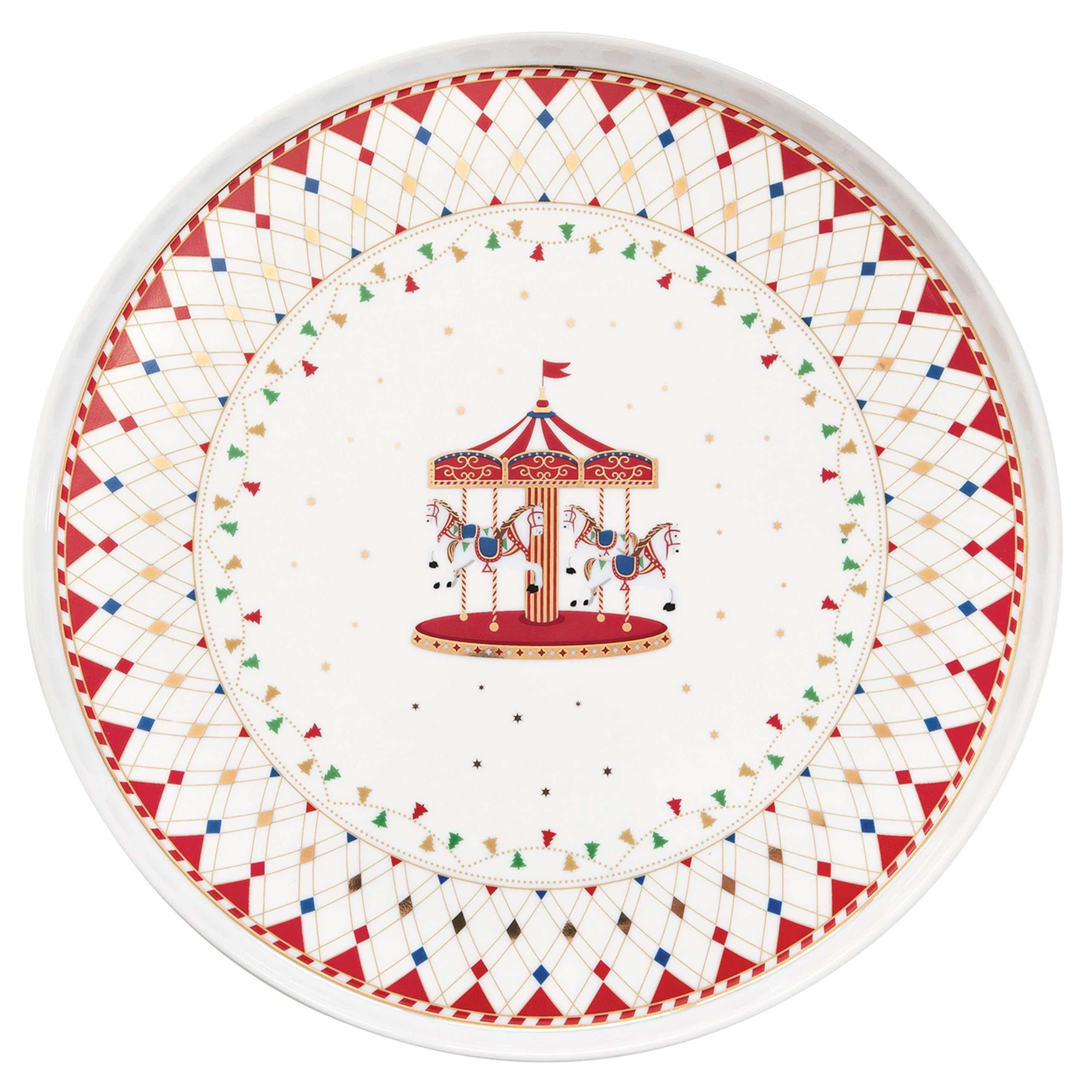 MamboCat Christmas Wonderland Patera na tort, Ø 32 cm, z łopatką do tortów, okrągła porcelanowa podstawka na ciasto z czerwono-złotym wzorem bożonarodzeniowym, na ciastka, babeczki i inne