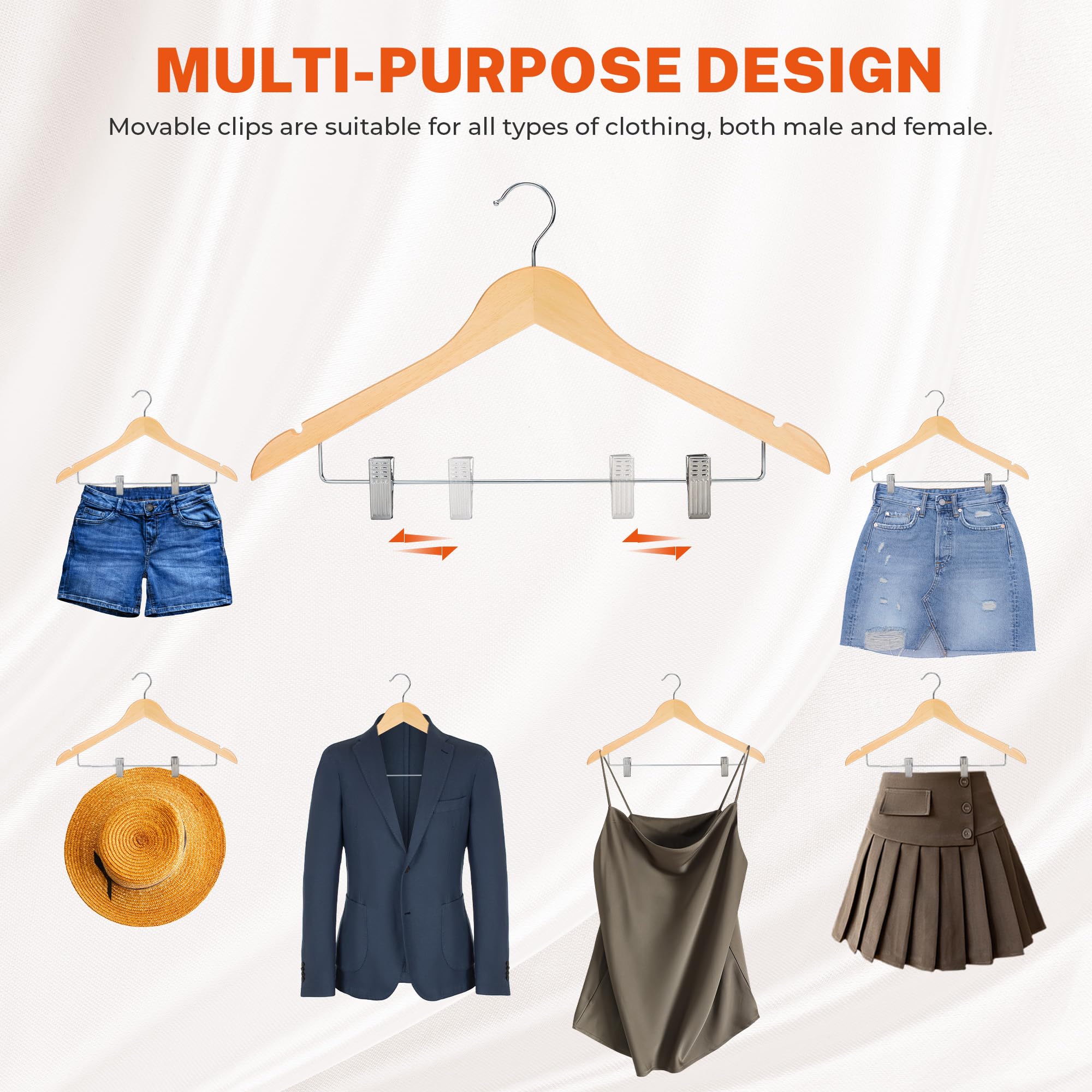 HOUSE DAY Grucce in legno con clip, confezione da 24, grucce in legno massello per pantaloni, finitura liscia naturale, con clip in metallo resistente, per camicetta, vestiti, cappotti, giacche