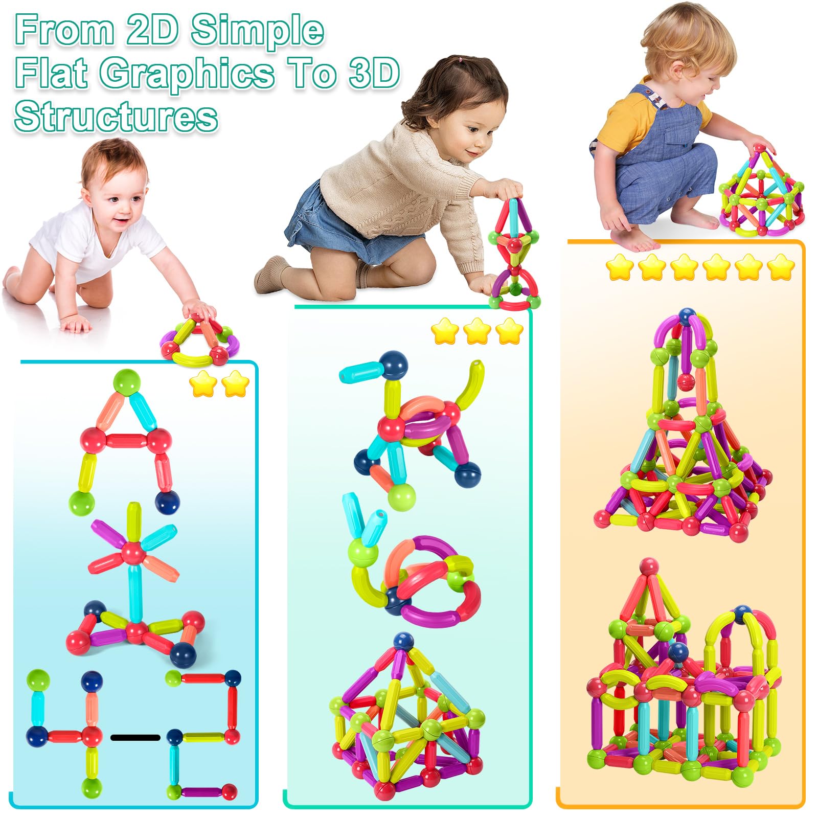 JUQG 138Pcs Juguetes de Bloques de Construcción Magnéticos, 3D Juguetes Educativos de Bloques de Construcción, Juguetes de Construcción Magnéticos para Niños y Niñas de 3 4 5 6 7 8 años (138Pcs) - 4