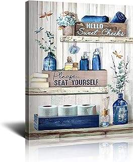 Bathroom Decor Canvas Wall Art Rustic Bathroom Sign Please Seat Yourself Print Paintings Navy Blue Bathroom Pictures Modern Home Artwork Decor For Bathroom Framed Ready To Hang 12x16 Inch
