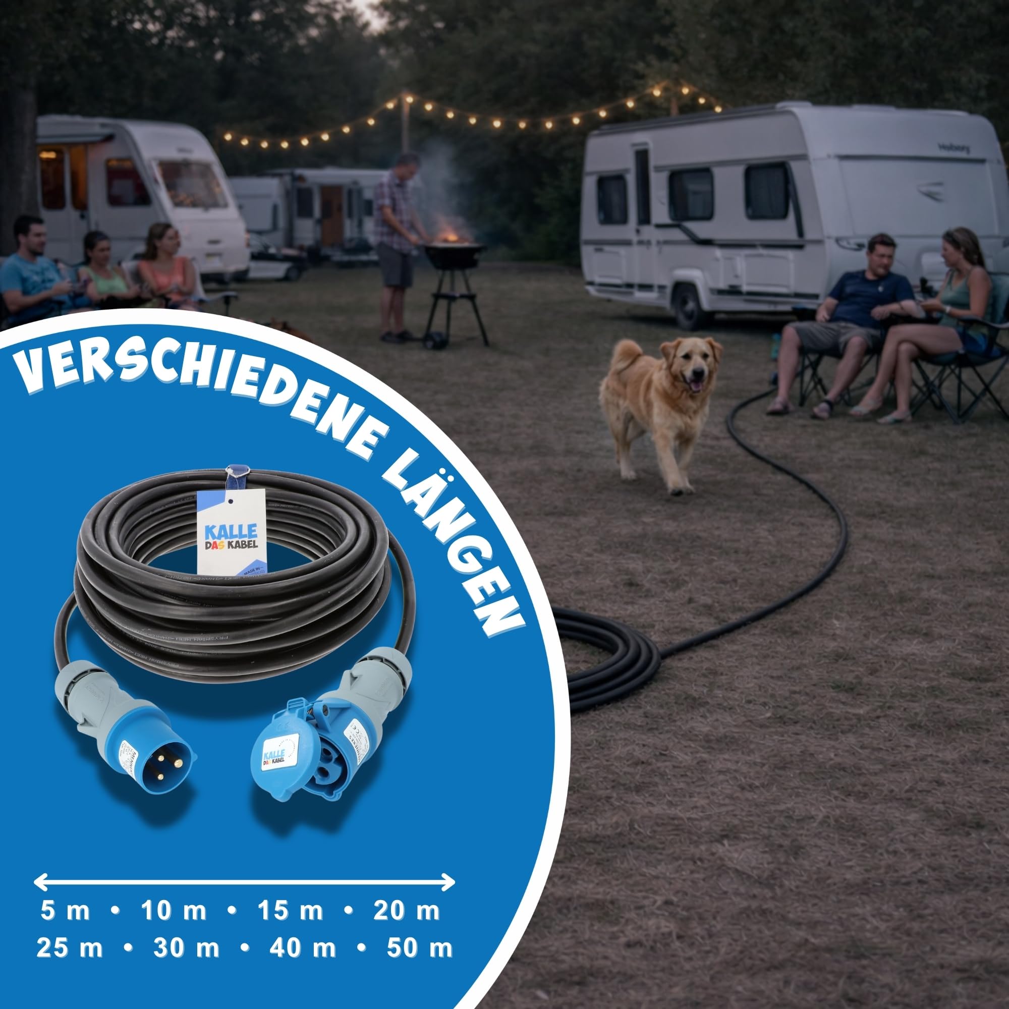 KALLE DAS KABEL CEE Verlängerungskabel 230V H07RN-F 3G 2,5mm² 10 Meter | Camping Wohnwagen Wohnmobil Caravan Landstrom IP44 Außenbereich Winkelkupplung Schutzkappe robust langlebig