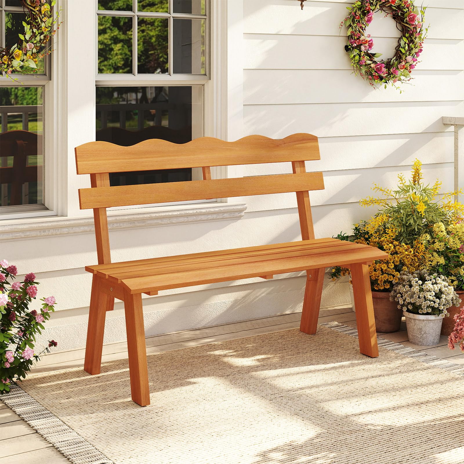 COSTWAY Banco Jardín de Madera Acacia, 2 Plazas, Banco Exterior sin Reposabrazos, Respaldo Ondulado, Patio Porche Terraza Parque, 47,5 x 105 x 80 cm, 360kg