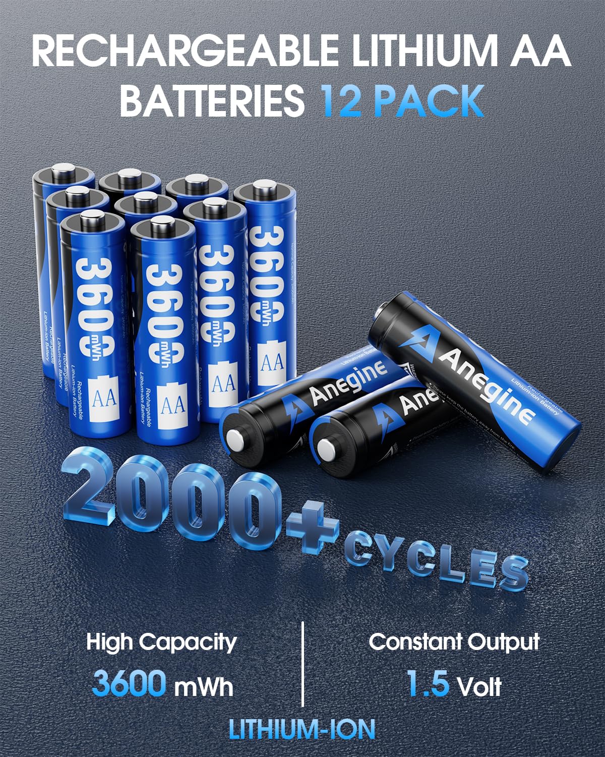 Anegine Lithium Batterie AA Akkus Wiederaufladbar mit Ladegerät 3600mWh 1,5V Aufladbare Blink Batterien AA Lithium Batterie Ladezyklen bis zu 2000+ (12er-Pack)