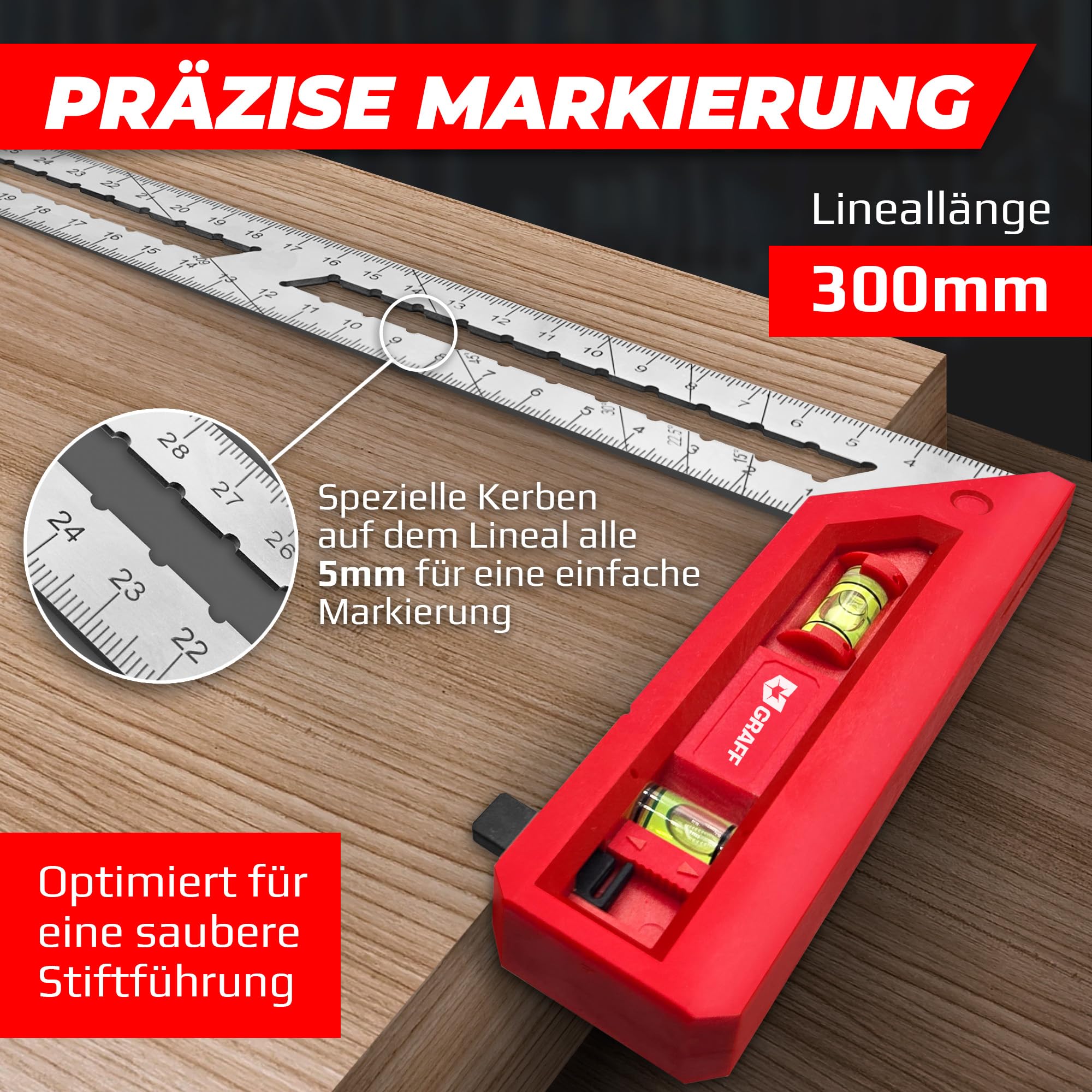 GRAFF Squadra da falegname 300 mm 90°/45° doppia livella a bolla acciaio inox