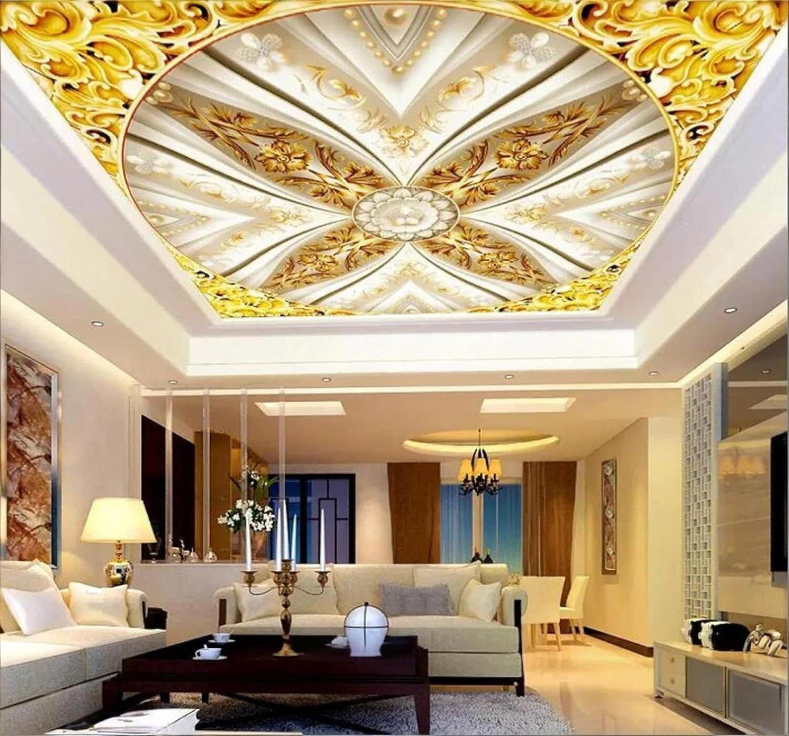 Tzxztt 250Cm×170Cm(B×H) Golden Classic Luxurious Relief Flowers Modern 3D Wallpaper Premium Textured Silk Neutral Tones Material Ideal For Living Room Bedroom-250Cm×170Cm