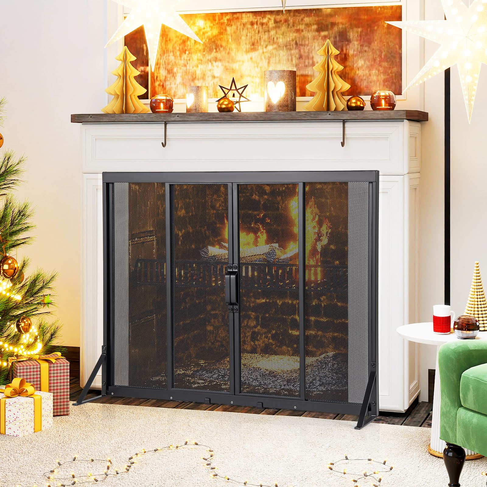 GIANTEX Écran de Cheminée avec Portes Coulissantes en Métal, Pare-feu Protection pour Isolation des Étincelles et Cendres, Pare-étincelles Cheminée avec Support Triangulaire, Noir (89 x 72 cm)