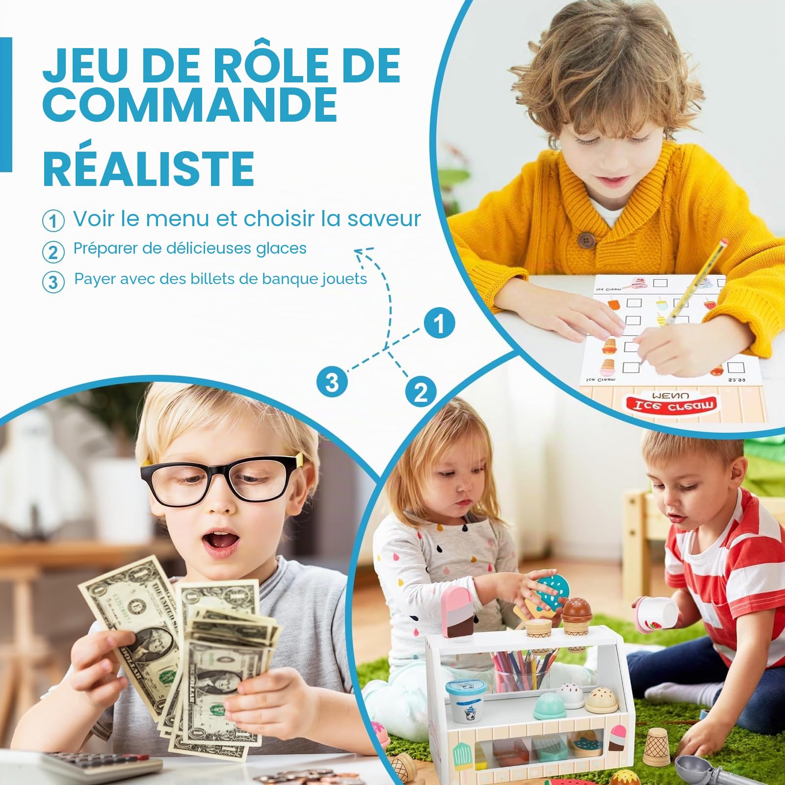 Glacier en Bois pour Enfant,Glacier Jeu Accessoires de Cuisine,Jouets de Crème Glacée en Bois pour Enfant,Marchande en Bois Jeu Éducatif Cadeaux pour Fille 3 4 5 6 Ans