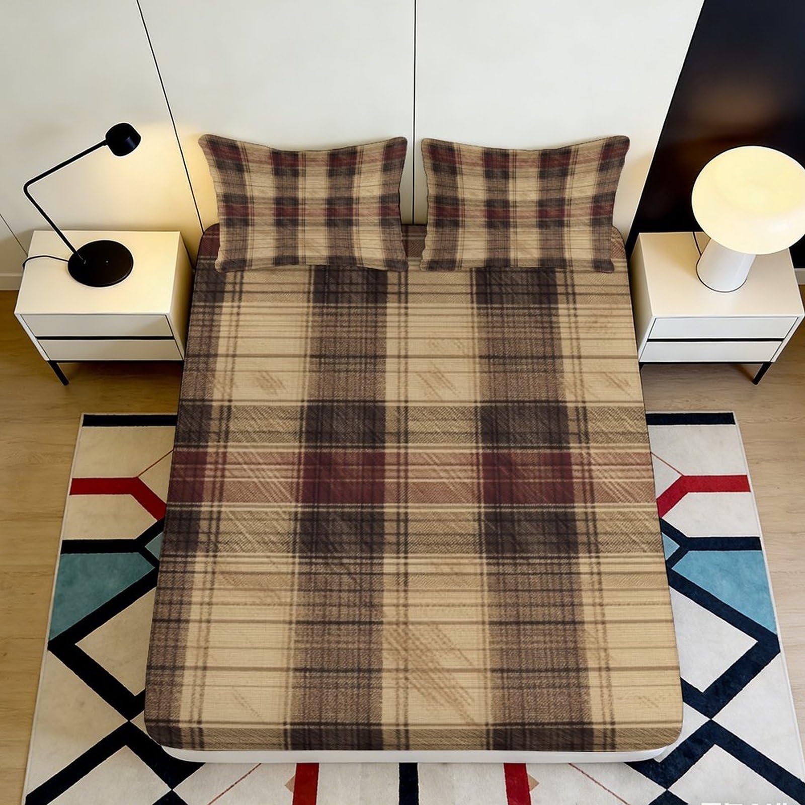 3D Printed Plaid Brown Fitted Sheet Microfiber Soft Breathable Checkered Mattress Cover for Bedroom Dorm Decor 90x200x25cm