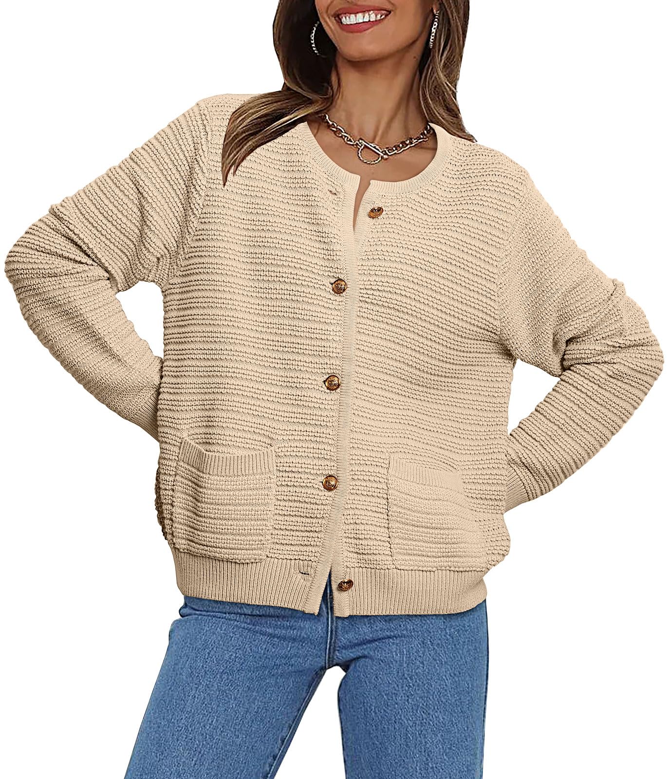 EFANWomen Cardigan Sweaters 2023 Fall Trendy Open Front Button Down Long Sleeve Pockets Cable Chunky Knit Tweed Jackets