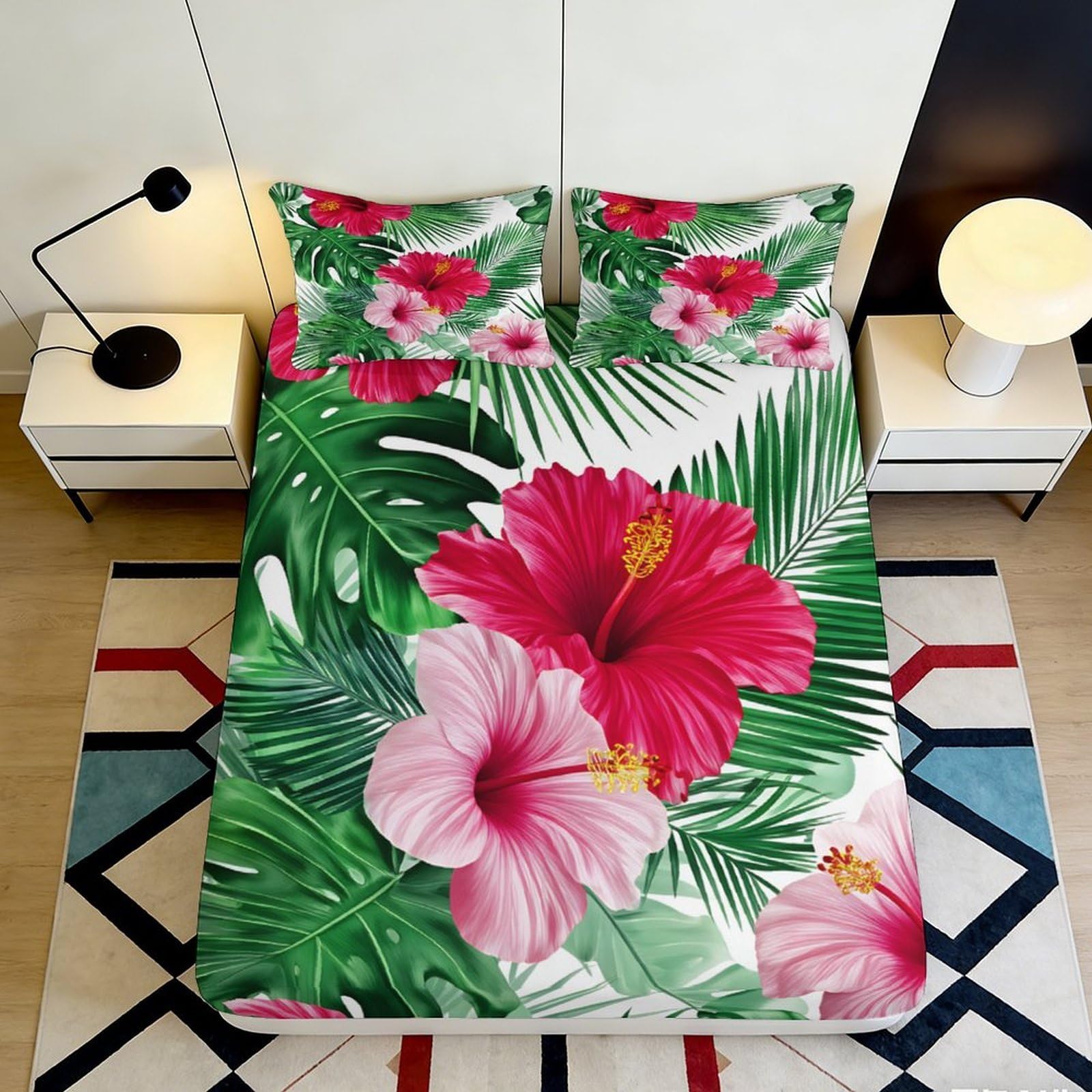 3D Printed Tropical Hibiscus Fitted Sheet Microfiber Soft Breathable Palm Leaf Bed Cover for Bedroom Dorm Decor Mattress Protection 90x200x25cm