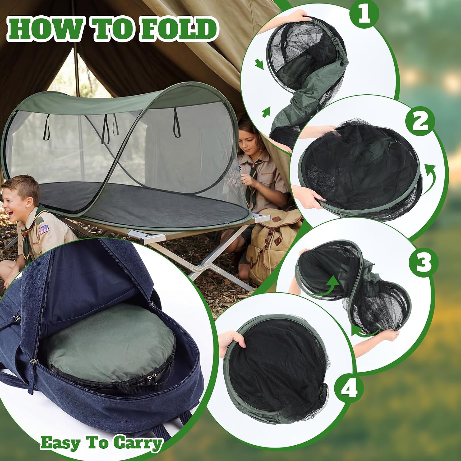 4 Pack Pop up Mosquito Net Tent for Camping Bed, 78.7 x 31.5 x 22 Inches Portable Bug Netting for Outdoor Travel, Scout Camping Essentials Bulk Foldable Mosquito Net (Army Green and Black)