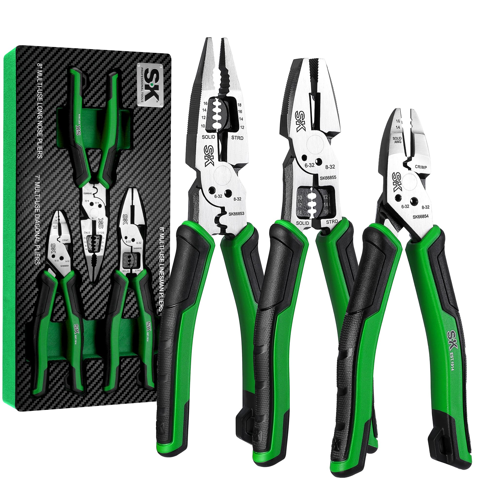 SK 3-Piece Pliers Set, 8-Inch Multi-use Noodle Nose Pliers, 7-Inch Multi-use Diagonal Pliers and 8-Inch Multi-use Linesman Pliers, CR-V Construction, Anti-slip Handle, with EVA Foam Tool Organizer