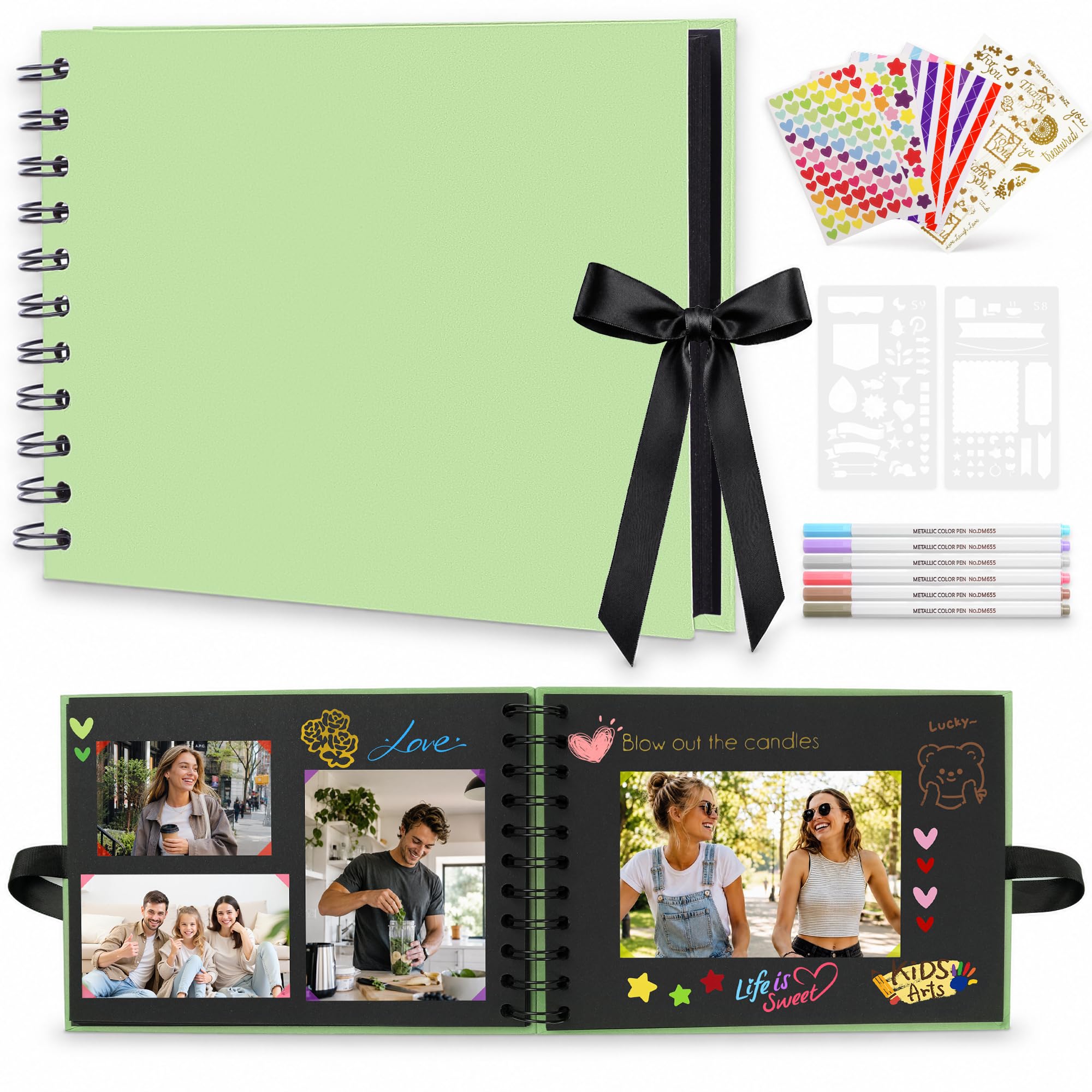 DazSpirit A5 Scrapbook Photo Album, 20 Sheets / 40 Black Pages DIY Memory Book with 6 Metallic Pens & 8 Photo Stickers, Small Scrap Book for Wedding, Anniversary, Travel, Birthday and Baby Memories