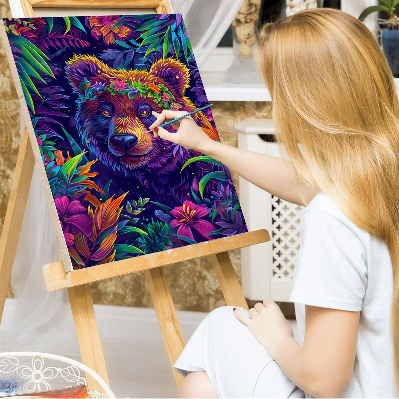 Malen nach Zahlen Kinder ab 7 8 9 10 Jahre Mädchen, Malen nach Zahlen Erwachsene Malen-Nach-Zahlen Kinder Teenager Kreatives fürGeschenkideen Malen nach Zahlen Panda Blume 60x80cm (mit Rahmen)