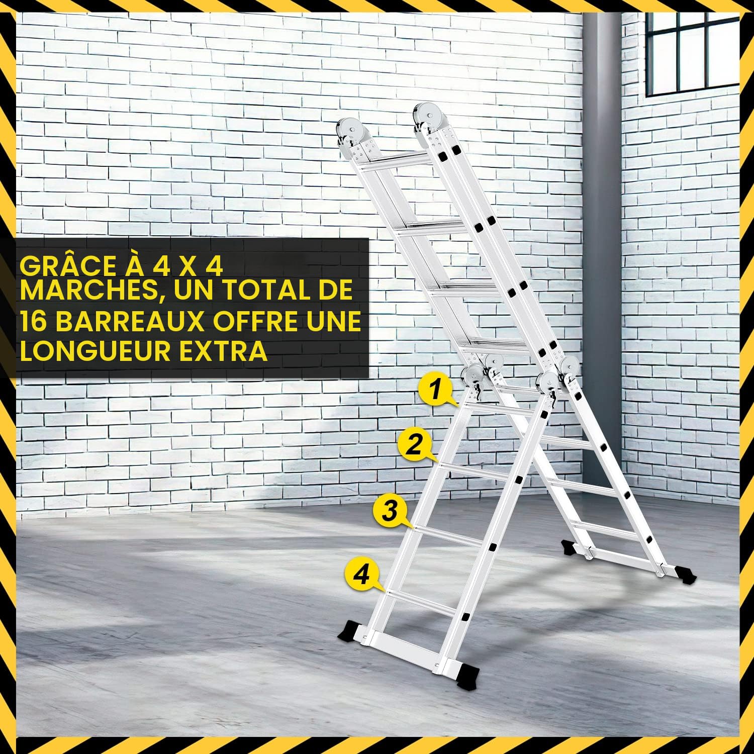 4 x 4 Échelle Multifonction Pliante 470 cm 7 en 1 Échelle Polyvalente en Aluminium avec 2 Plaques d'Échafaudage, Jusqu'à 150 kg, SNOF-8972-M1C
