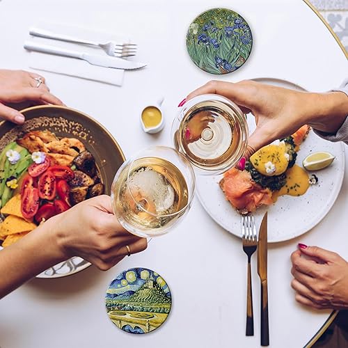 Miniatura 6 de Juego de 6 posavasos con soporte, posavasos de cerámica absorbentes estilo Van Gogh con base de corcho, se adaptan a todas las tazas, gran regalo