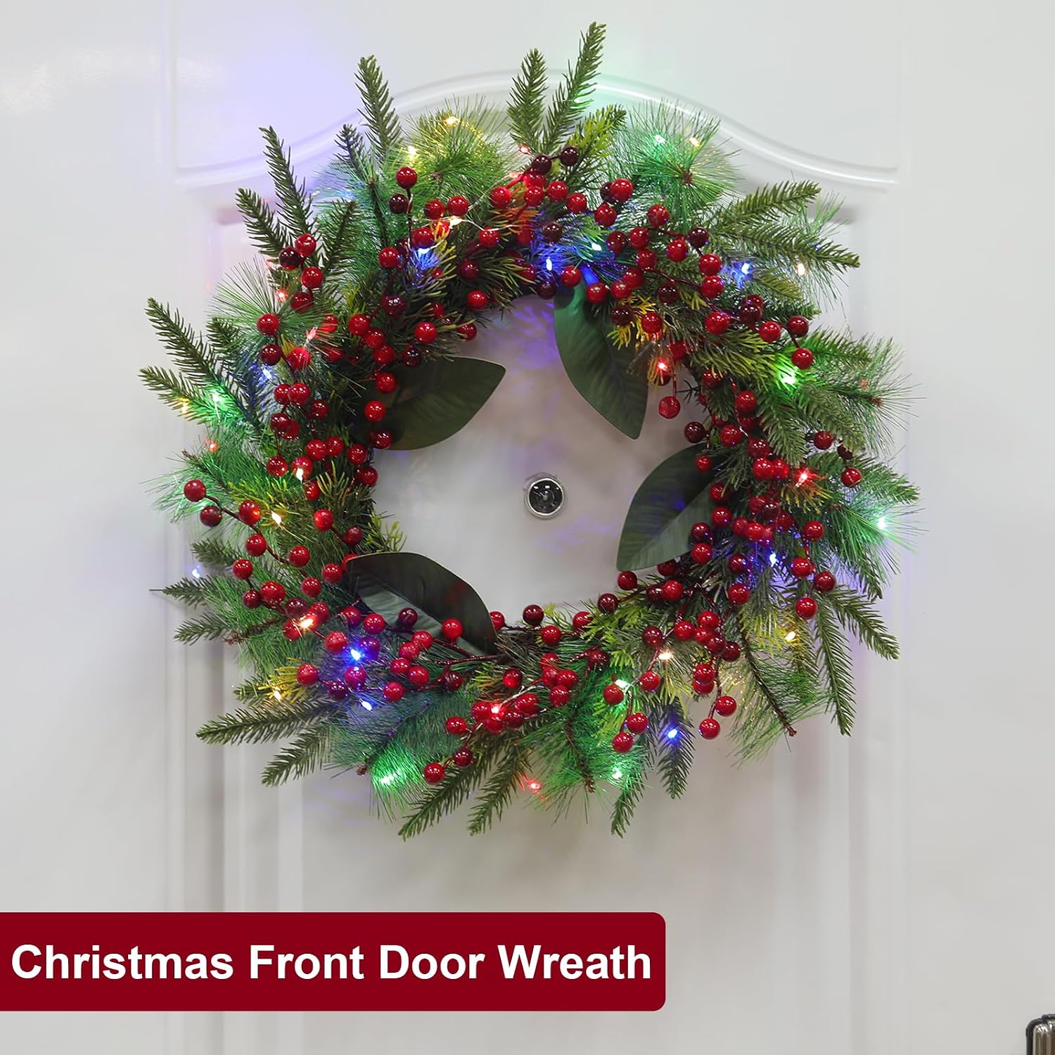 20 Inch Pre-Lit Christmas Wreath, Lighted Christmas Wreaths for Front Door Timer 8 Modes 30 Warm White&Colored Changing Lights 4 Pine Cones 12 Red Berried Xmas Wreath for Home Door Wall Indoor Outdoor