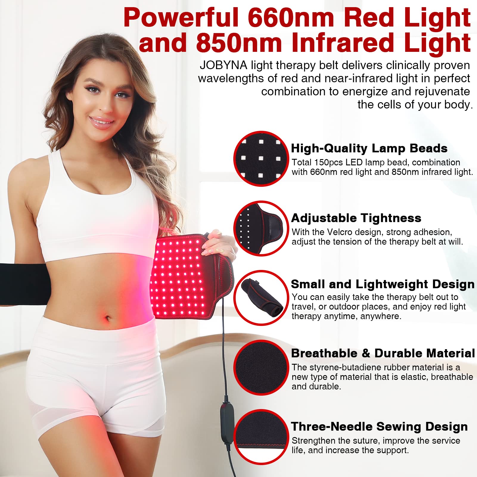 JOBYNA Cinturón Terapia Luz Roja Infrarroja 660nm 850nm para Dolor Cuerpo Espalda