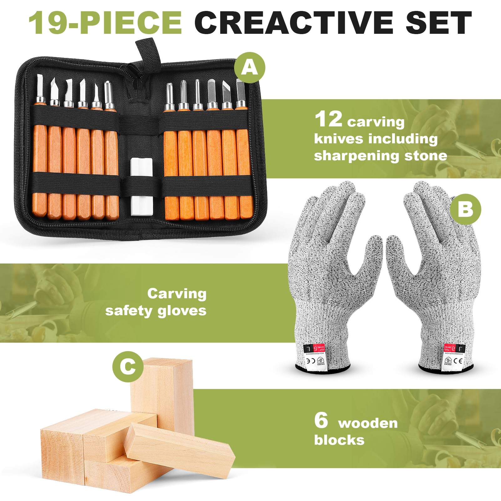 EOJDDPA Holzschnitzwerkzeug Set 12 teiliges Schnitzset mit Handschuhen, inkl. Anleitung & Lindenholz, Kreativ & sicher