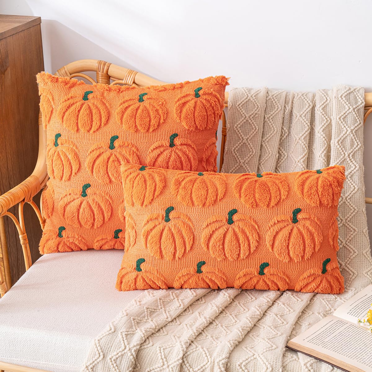 Plancholo Fall Pumpkin Decorative Throw Pillow Covers Set of 2 Soft Plush Faux Fur Wool Pillowcases for Sofa Couch (Orange-Green, 18x18 Inch)