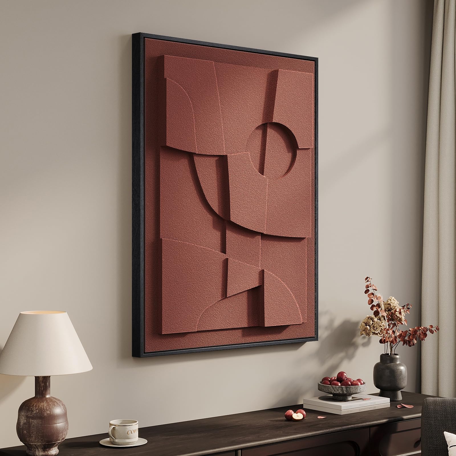 Framed 3D Abstract Wall Art, Red Textured Paintings Artwork for Walls, Modern Minimalist Geometric Wall Decor for Living Room Bedroom Dining Room Hallway Entryway Office 24x36 Inch