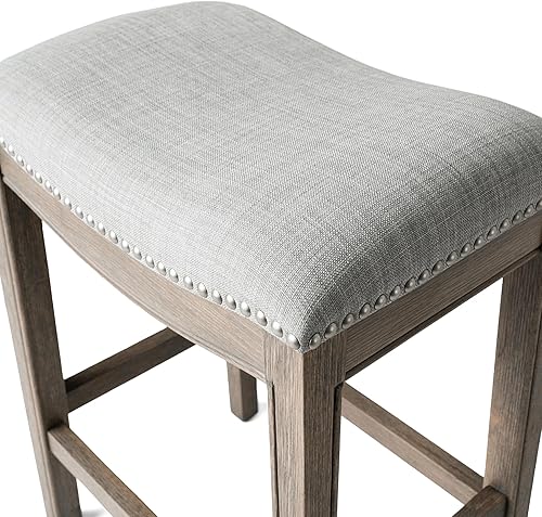 Miniatura 10 de Maven Lane Adrien Taburete de bar sin espalda, asiento de silla de montar de 31 pulgadas con reposapiés, marco de madera maciza gris y tapicería de