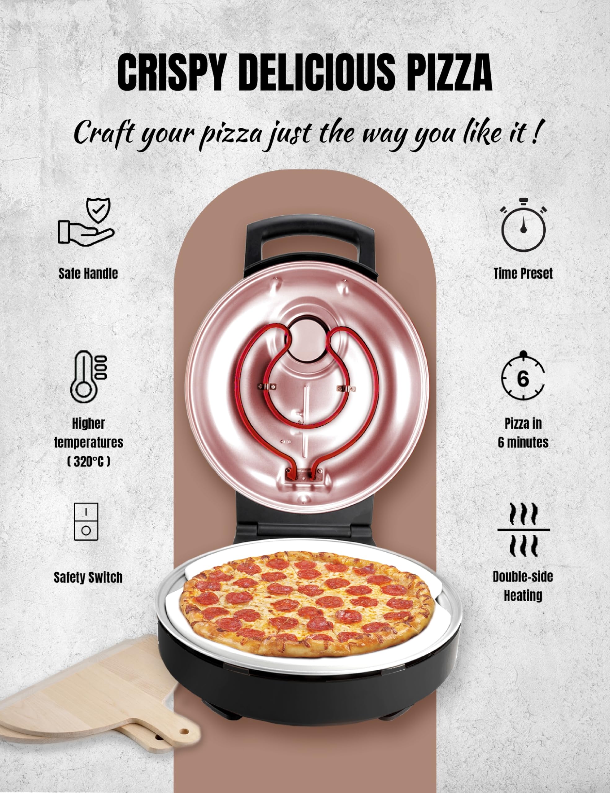 Bestron Horno de pizza, para pizzas crujientes en 5-10 minutos, horno de pizza eléctrico con una temperatura de 320 °C, incluyendo piedra refractaria y 2 grandes espátulas de madera, color: Cobre